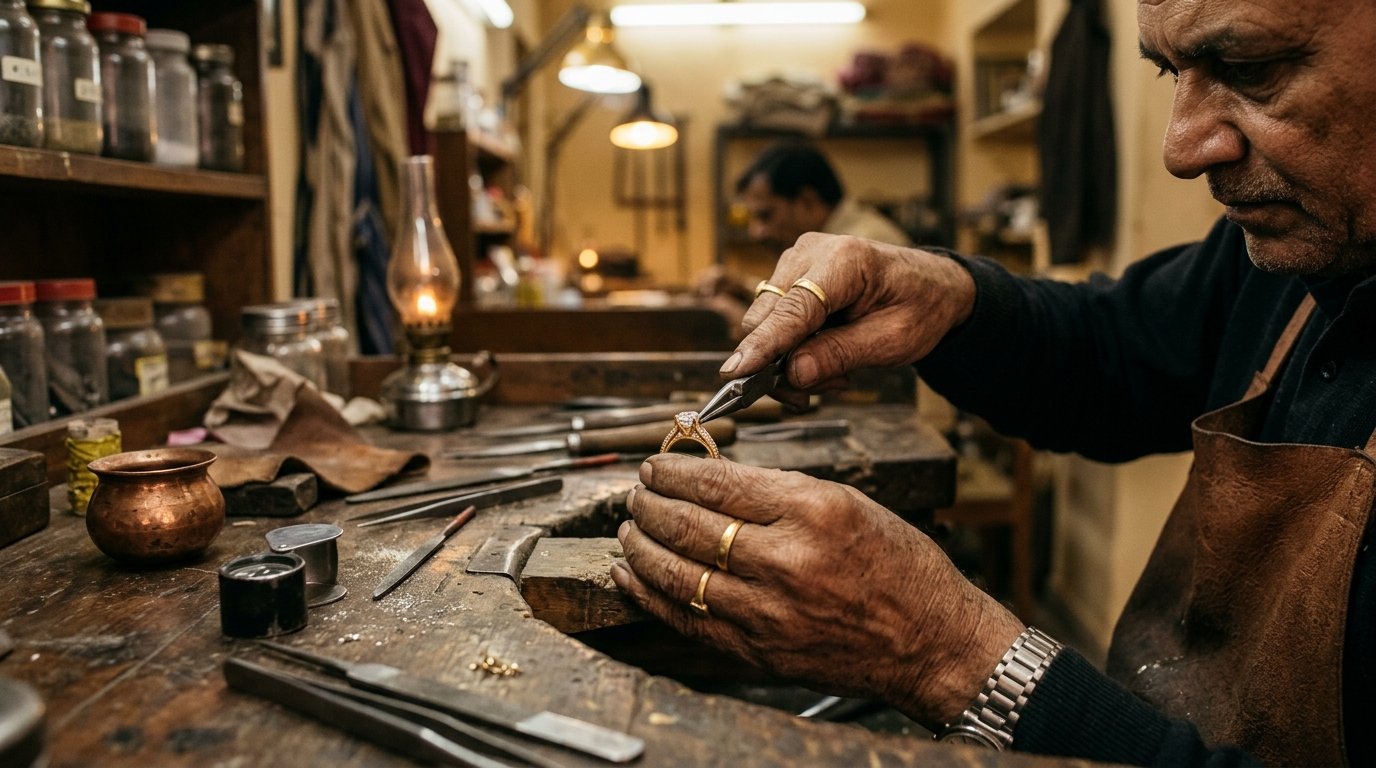 Master jeweller setting a diamond by hand at a traditional workbench