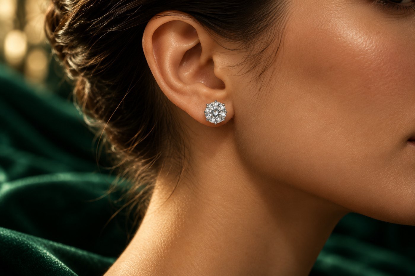 Model wearing a diamond stud earring