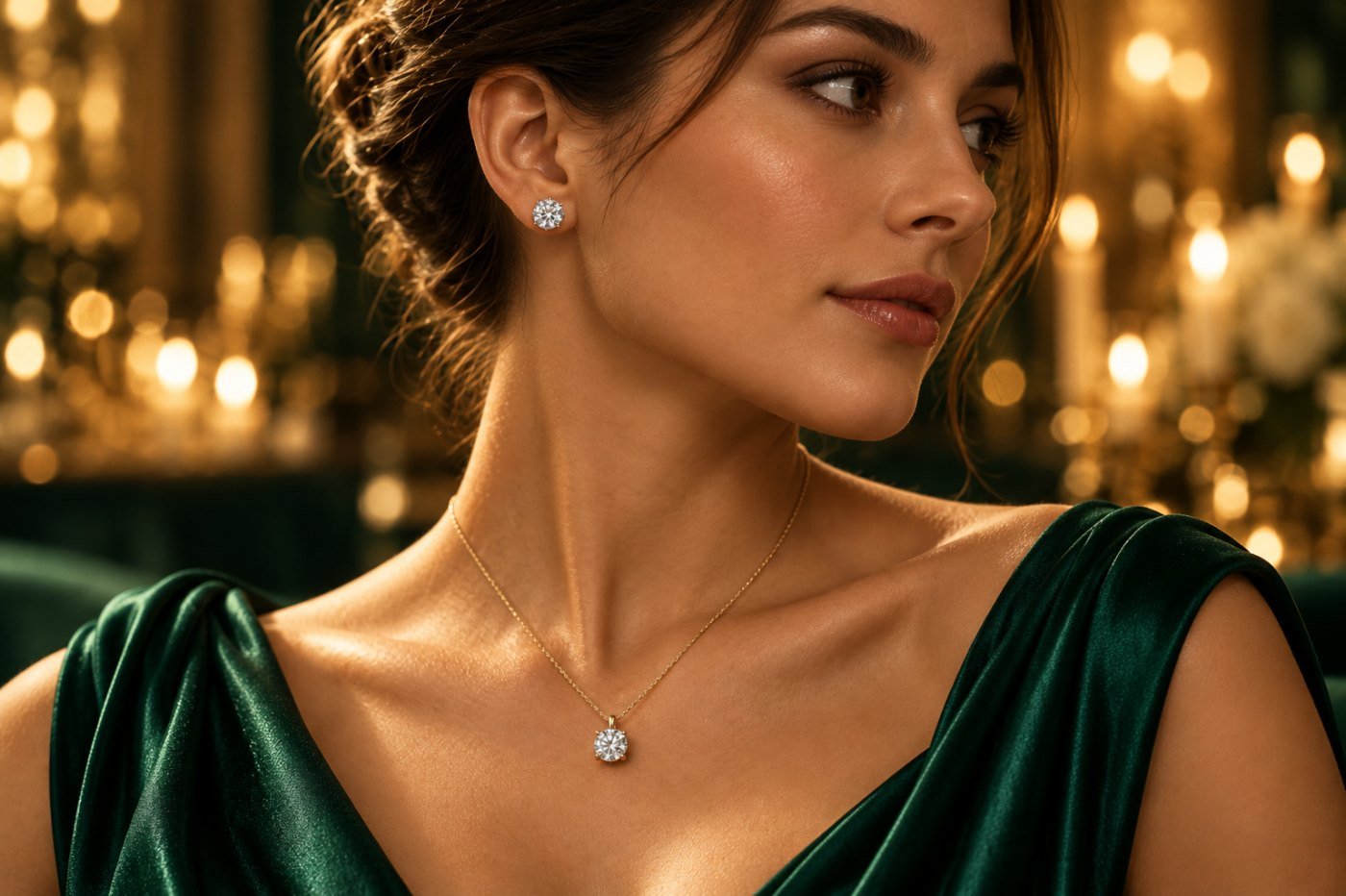 Model in an emerald silk gown wearing a diamond solitaire pendant and matching studs