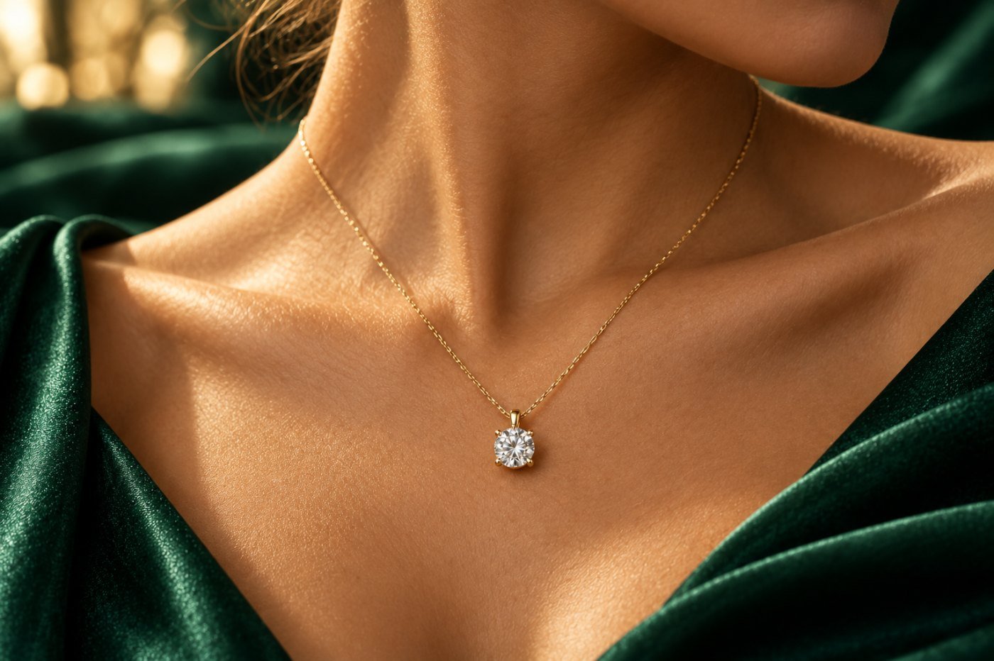 Neckline wearing a lab-grown solitaire diamond pendant on a fine gold chain