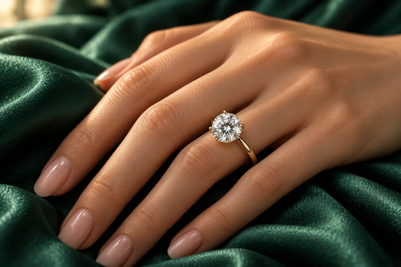 Hand wearing a solitaire diamond engagement ring