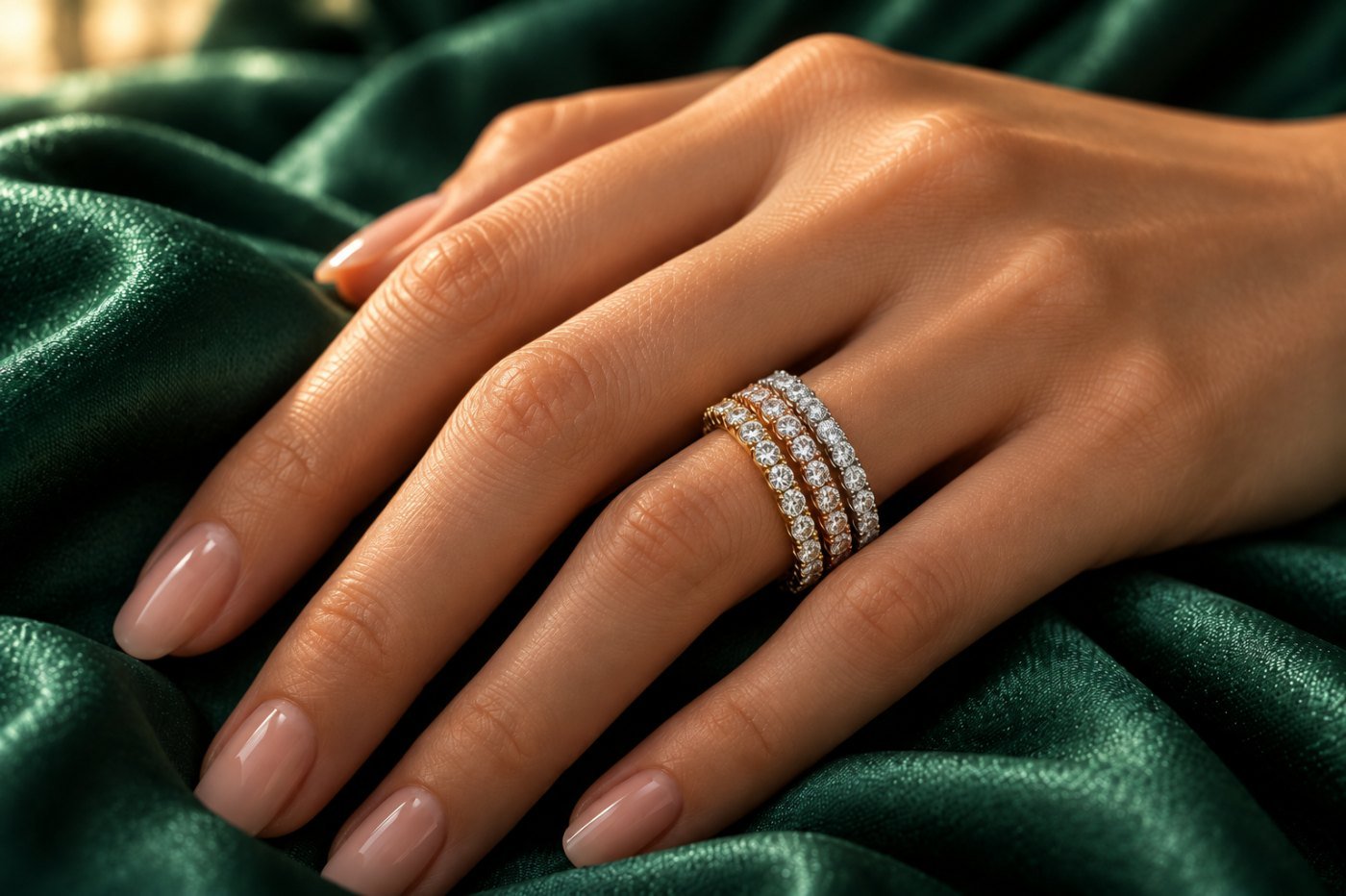 Hand wearing three slim diamond eternity bands stacked in yellow, rose and white gold
