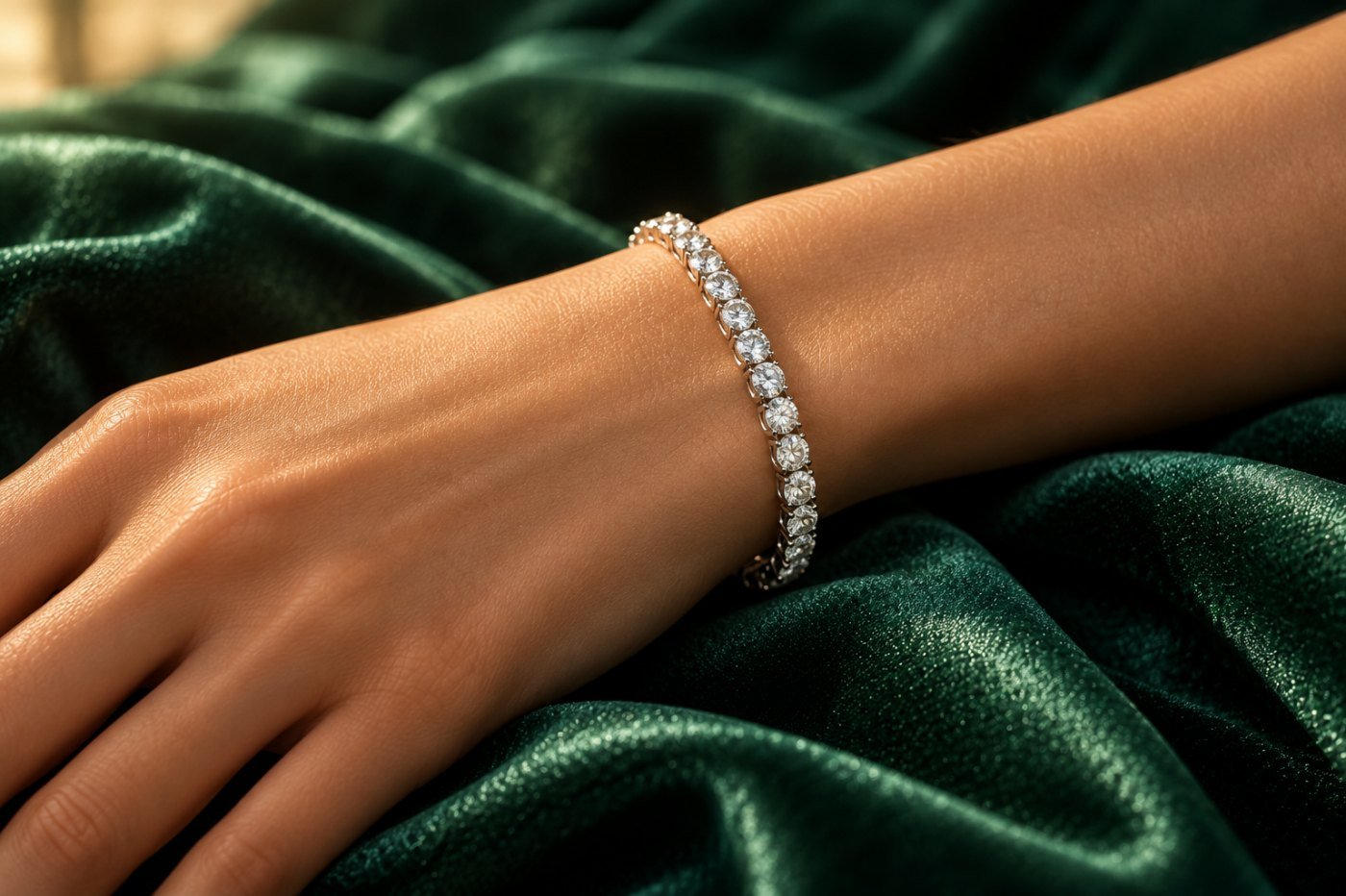 Model wearing a diamond tennis bracelet