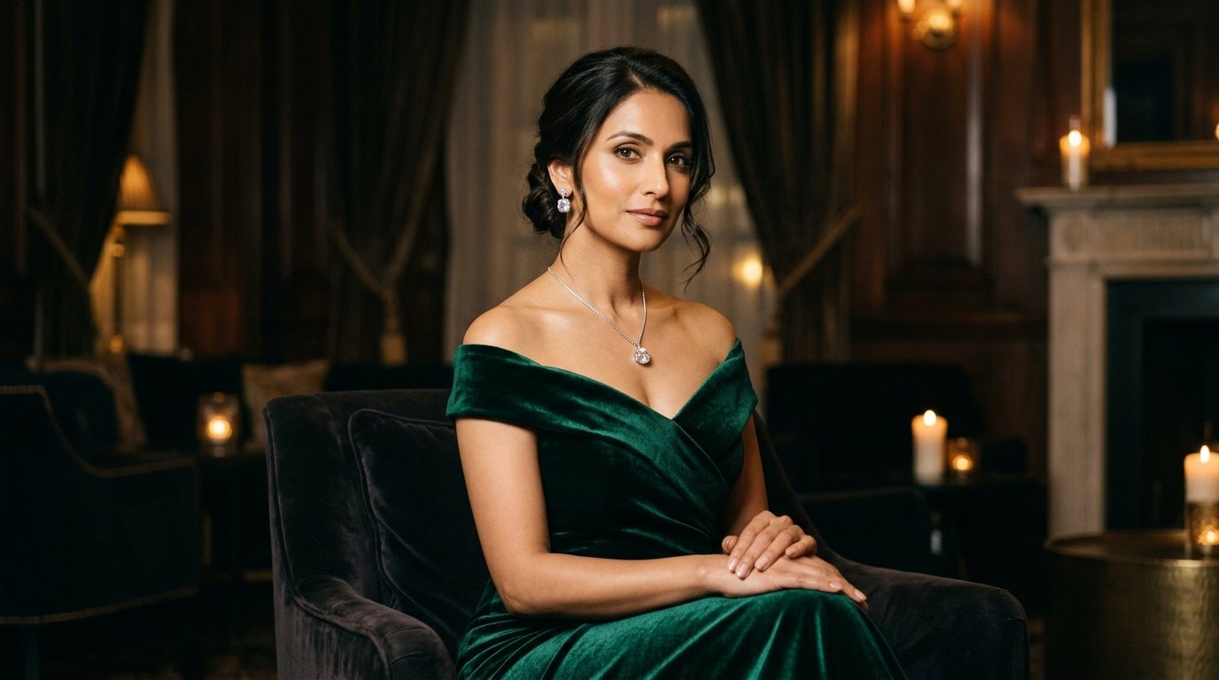 Model wearing diamond pendant and earrings